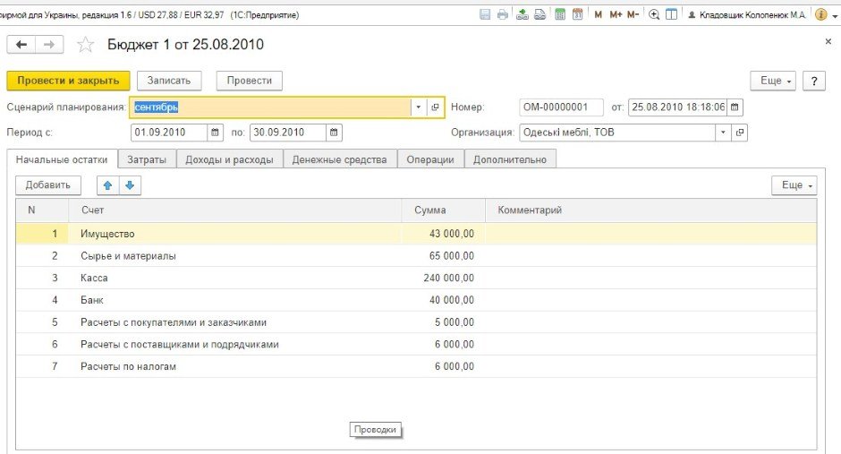 Пример составления бюджета